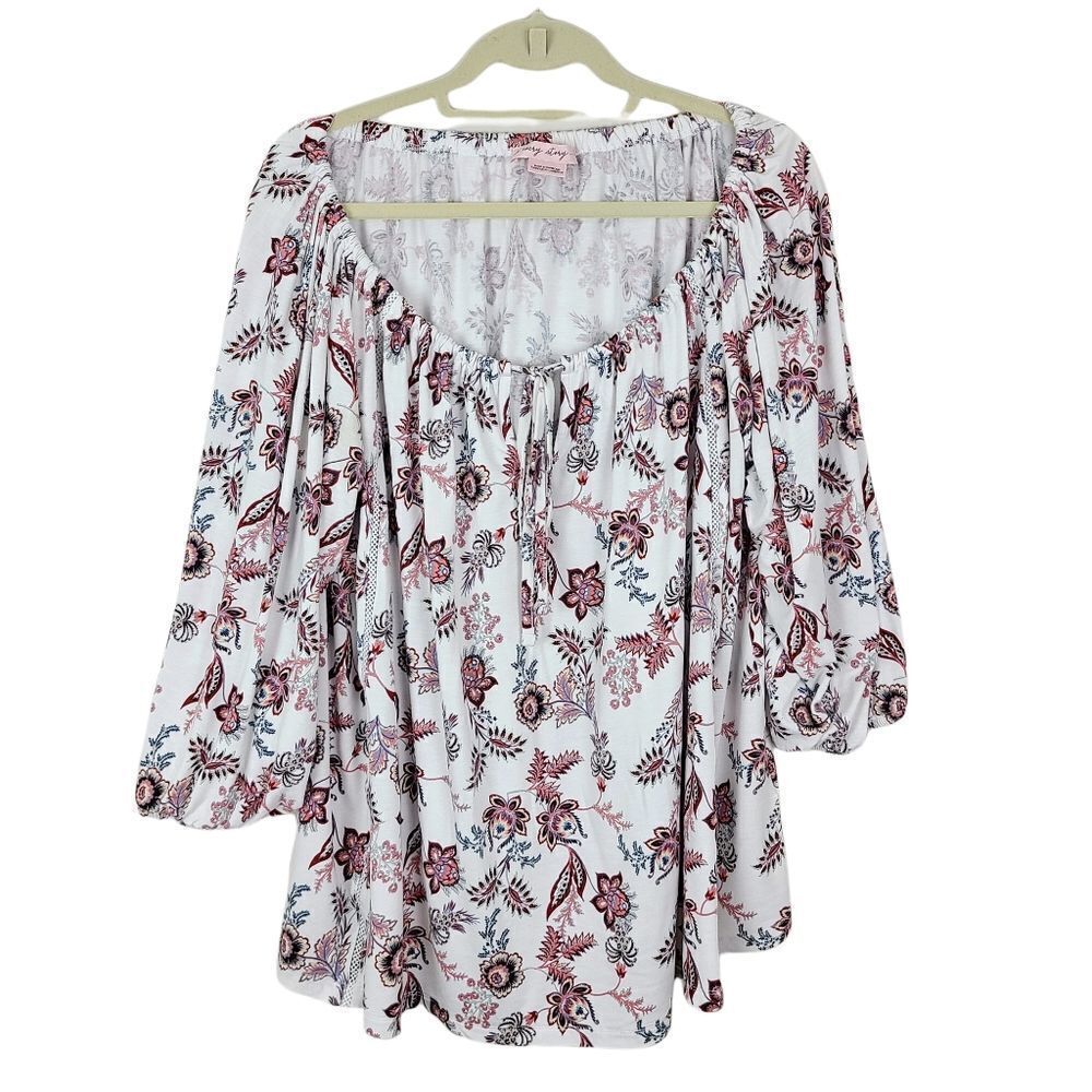 In Every Story Floral 3/4 Sleeve Peasant Blouse with Gathered Tie Front 1X